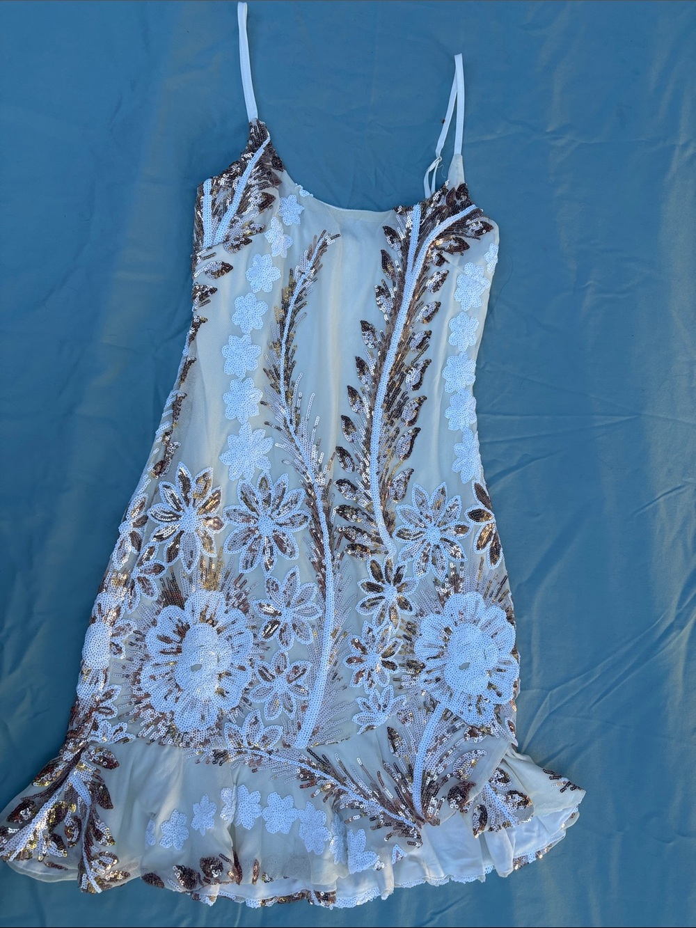Embellished White Floral Sequin Slip Dress